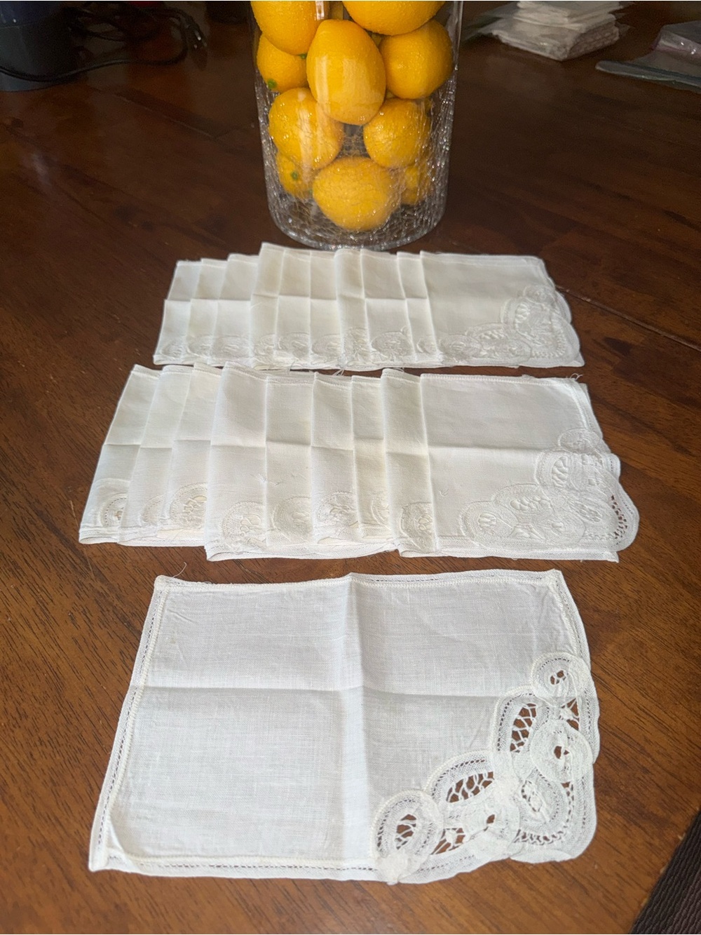 Voyage White Hand crocheted, embroidered French Linen Cocktail Napkins Set of 20